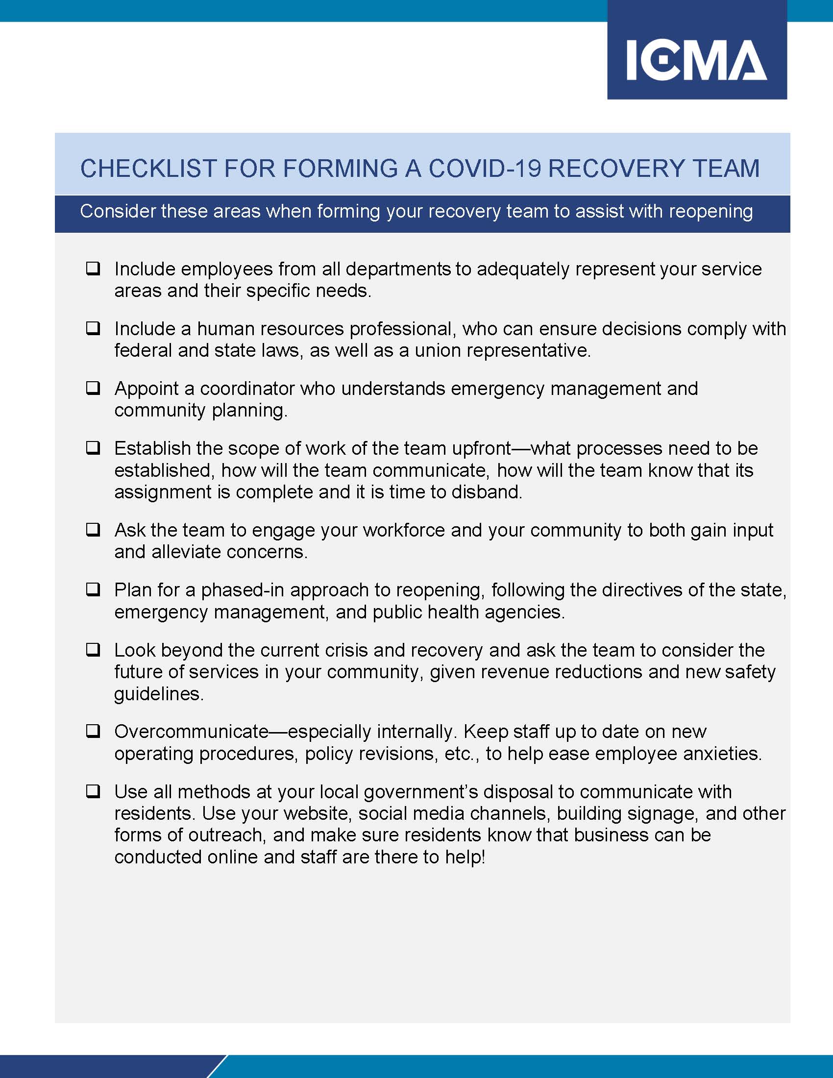 Covid 19 Recovery Team Checklist Icma Org Covid 19 Recovery Team Checklist Icma Org